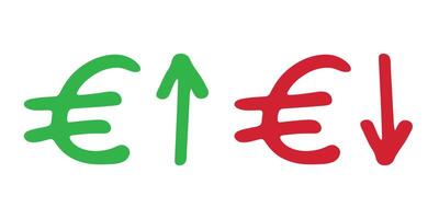 Hand drawn euro currency symbol Growth and fall profit with arrow up and down Brush stroke doodle Element for design Red and green vector