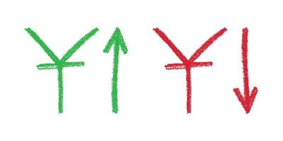 Element for design Green and red Hand drawn chinese yuan currency symbol Growth and fall profit with arrow up and down Brush stroke doodle vector
