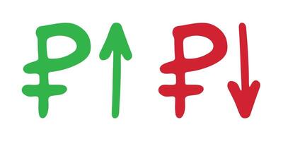 Hand drawn russian ruble currency symbol Red and green Growth and fall profit with arrow up and down Brush stroke doodle Element for design vector