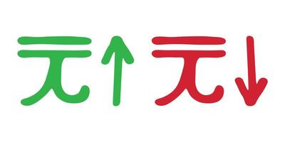 Hand drawn chinese yuan currency symbol Red and green Growth and fall profit with arrow up and down Brush stroke doodle Element for design vector