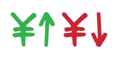 Red and green Hand drawn yen currency symbol Growth and fall profit with arrow up and down Brush stroke doodle Element for design vector
