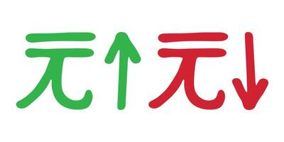 Hand drawn chinese yuan currency symbol Growth and fall profit with arrow up and down Brush stroke doodle Red and green Element for design vector