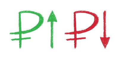 Hand drawn russian ruble currency symbol Green and red Growth and fall profit with arrow up and down Brush stroke doodle Element for design vector