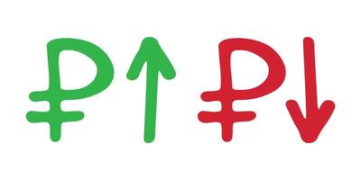 Hand drawn russian ruble currency symbol Growth and fall profit with arrow up and down Brush stroke doodle Red and green Element for design vector