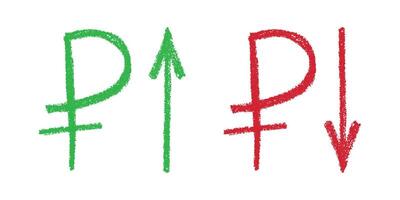 Green and red Hand drawn russian ruble currency symbol Growth and fall profit with arrow up and down Brush stroke doodle Element for design vector