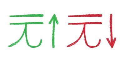Green and red Hand drawn chinese yuan currency symbol Growth and fall profit with arrow up and down Brush stroke doodle Element for design vector