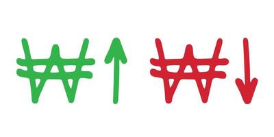 Hand drawn won currency symbol Growth and fall profit with arrow up and down Brush stroke doodle Red and green Element for design vector