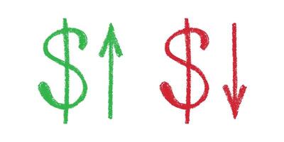 Hand drawn dollar currency symbol Green and red Growth and fall profit with arrow up and down Brush stroke doodle Element for design vector