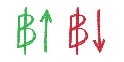 Hand drawn thai baht currency symbol Growth and fall profit with arrow up and down Brush stroke doodle Green and red Element for design vector