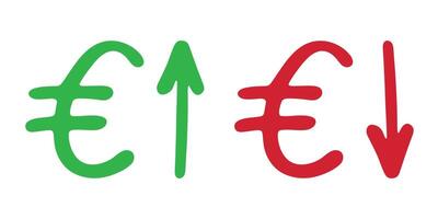 Hand drawn euro currency symbol Red and green Growth and fall profit with arrow up and down Brush stroke doodle Element for design vector