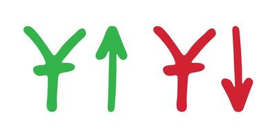 Element for design Hand drawn chinese yuan currency symbol Growth and fall profit with arrow up and down Brush stroke doodle Red and green vector