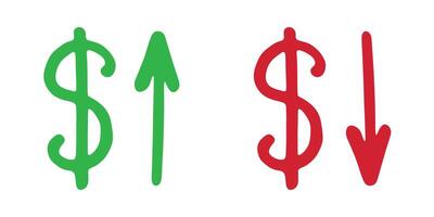 Red and green Hand drawn dollar currency symbol Growth and fall profit with arrow up and down Brush stroke doodle Element for design vector