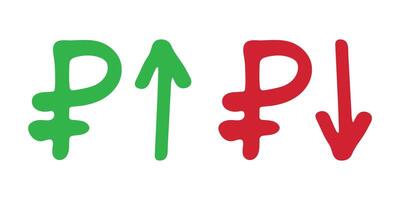 Red and green Hand drawn russian ruble currency symbol Growth and fall profit with arrow up and down Brush stroke doodle Element for design vector