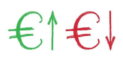 Hand drawn euro currency symbol Growth and fall profit with arrow up and down Brush stroke doodle Element for design Green and red vector