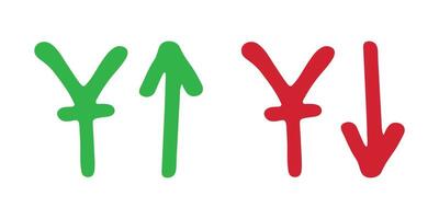 Element for design Red and green Hand drawn chinese yuan currency symbol Growth and fall profit with arrow up and down Brush stroke doodle vector