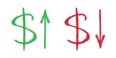 Green and red Hand drawn dollar currency symbol Growth and fall profit with arrow up and down Brush stroke doodle Element for design vector