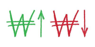 Hand drawn won currency symbol Green and red Growth and fall profit with arrow up and down Brush stroke doodle Element for design vector