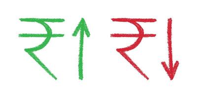 Hand drawn rupee currency symbol Green and red Growth and fall profit with arrow up and down Brush stroke doodle Element for design vector