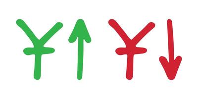 Red and green Element for design Hand drawn chinese yuan currency symbol Growth and fall profit with arrow up and down Brush stroke doodle vector