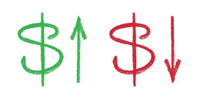 Hand drawn dollar currency symbol Growth and fall profit with arrow up and down Brush stroke doodle Green and red Element for design vector