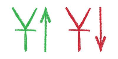 Element for design Hand drawn chinese yuan currency symbol Growth and fall profit with arrow up and down Brush stroke doodle Green and red vector