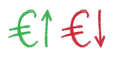 Green and red Hand drawn euro currency symbol Growth and fall profit with arrow up and down Brush stroke doodle Element for design vector