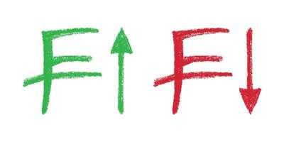 Hand drawn swiss franc currency symbol Growth and fall profit with arrow up and down Brush stroke doodle Element for design Green and red vector