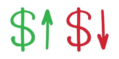 Hand drawn dollar currency symbol Growth and fall profit with arrow up and down Brush stroke doodle Element for design Red and green vector
