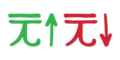 Red and green Hand drawn chinese yuan currency symbol Growth and fall profit with arrow up and down Brush stroke doodle Element for design vector