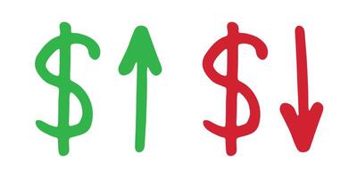 Hand drawn dollar currency symbol Growth and fall profit with arrow up and down Brush stroke doodle Red and green Element for design vector
