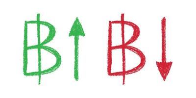 Hand drawn thai baht currency symbol Green and red Growth and fall profit with arrow up and down Brush stroke doodle Element for design vector