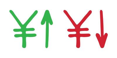 Hand drawn yen currency symbol Red and green Growth and fall profit with arrow up and down Brush stroke doodle Element for design vector