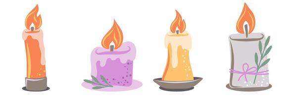 Hand drawn burning candles from paraffin wax for relax and spa. Decorative design elements. vector