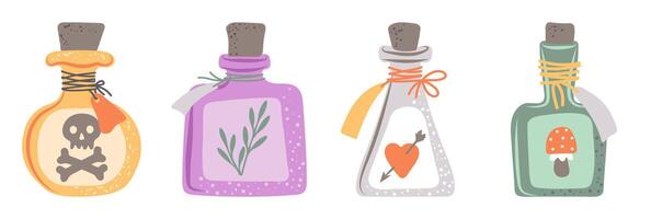 Hand drawn potion bottles set. Magical liquid potion, poison, love elixir. Elements for Halloween decorative design vector