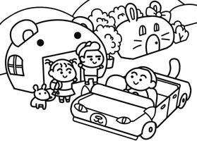 A little boy drives to pick up his friend. vector