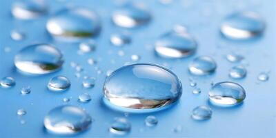 Closeup Macro Photo of Water Droplets on Blue Surface Clean Shiny Dew Drops