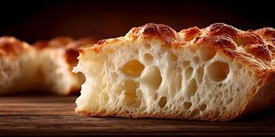 Closeup of Crusty Italian Bread Loaf Slice on Wooden Table photo