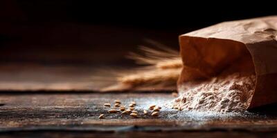 Brown Flour Pouring from Paper Bag on Wooden Table with Wheat Grains photo