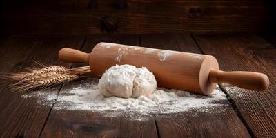 Wooden Rolling Pin Dough Flour Wheat Baking Bread Pastry Food Photography photo
