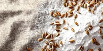 White Flour and Grains on Linen Fabric Background photo
