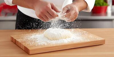 Chef Hands Dusting Dough with Flour on Wooden Board Baking Cooking Food Preparation photo