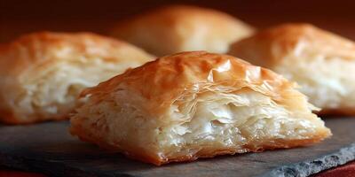 Closeup of Golden Brown Baklava Pieces on Dark Surface photo