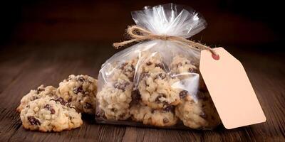 Chocolate Chip Oatmeal Cookies in Cellophane Bag with Blank Tag photo