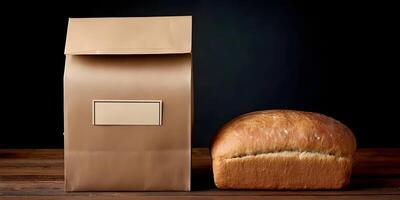 Brown Paper Bag with Loaf of Bread on Wooden Table photo