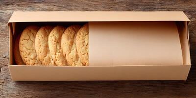 ButteryCookies in Cardboard Box on Wooden Background photo