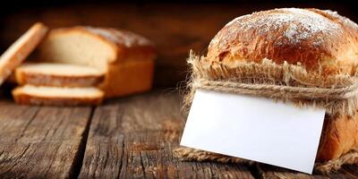 loaf of bread tied with twine blank card rustic wooden background photo
