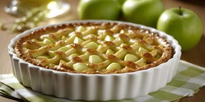 Delicious Apple Tart in White Dish Green Apples Background photo