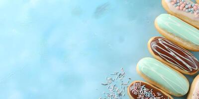 Assorted Eclairs with Colorful Sprinkles on Blue Background photo