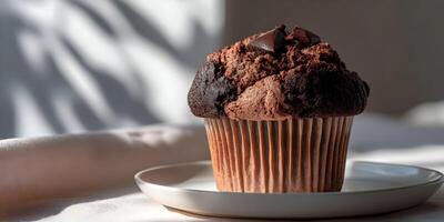 Delicious Chocolate Muffin with Chocolate Chips on a Plate photo