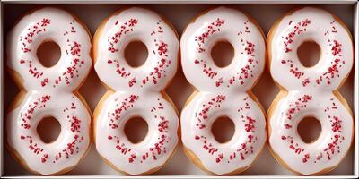 Eight Pink Donuts with Red Sprinkles in Box Top View photo